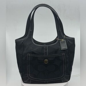 Coach Black Jacquard Signature Ergo Shoulder Bag Tote with Leather Trim EUC